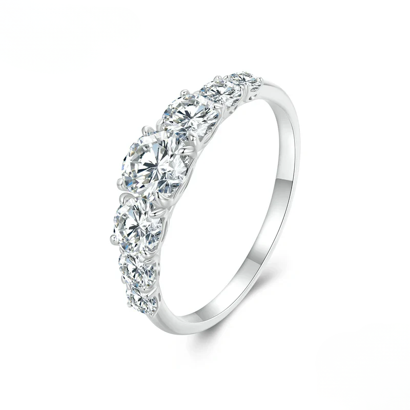 Anel Meia Aliança Moissanite Prata 925 Banho Ouro Branco 18K Luar Radiante