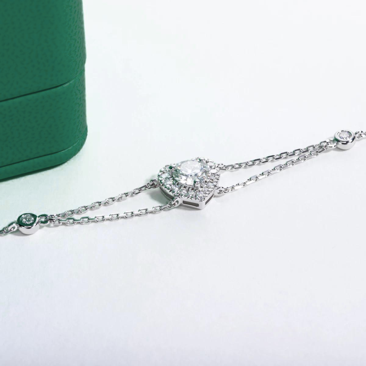 Pulseira Delicada Coração Moissanite Corrente Dupla Luar Délora