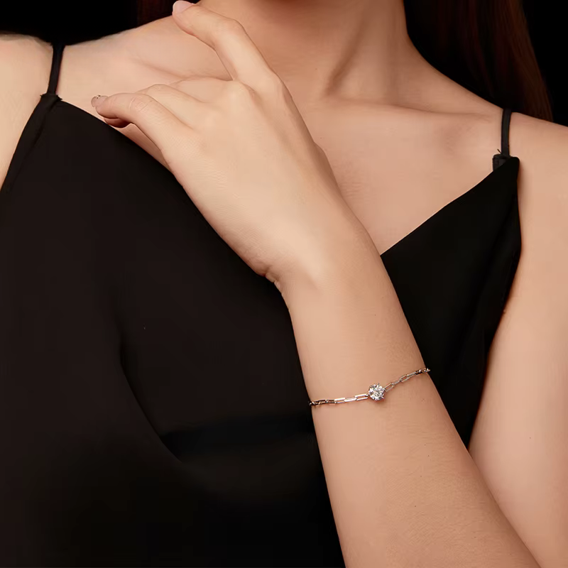 Pulseira Moissanite Ponto de Luz em Prata 925 Banho em Ouro Branco 18K Luar Eleonora
