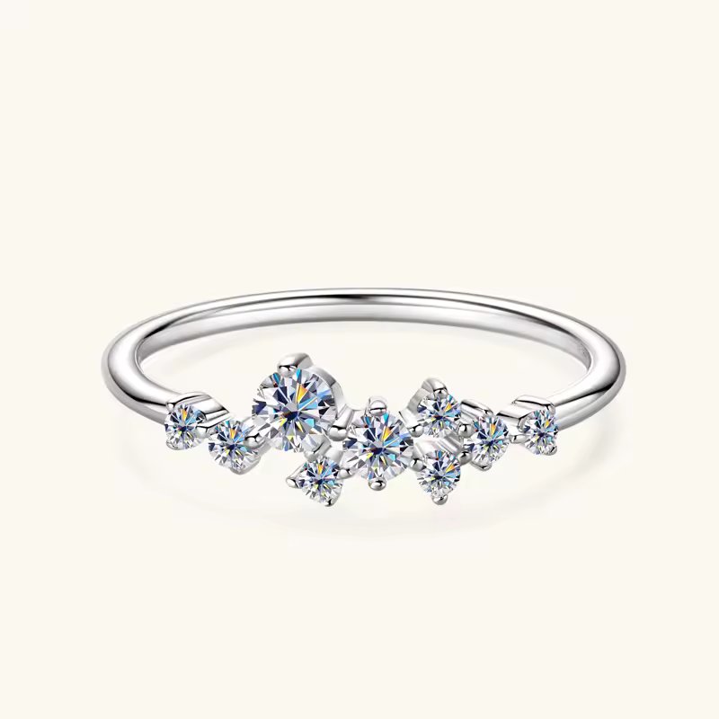 Anel Meia Aliança Constelação Moissanite Prata 925 Banho Ouro 18K Luar Lyra