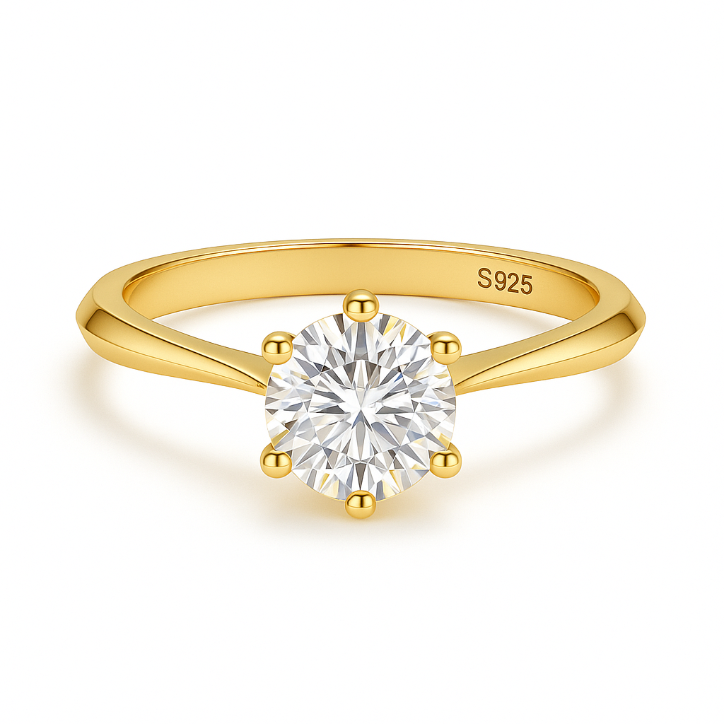 Anel Solitário Moissanite Prata 925 Banho Ouro 18K Luar Essenza