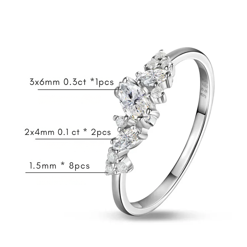 Anel Cluster Moissanite Prata 925 Banho Ouro Branco Luar Éloise