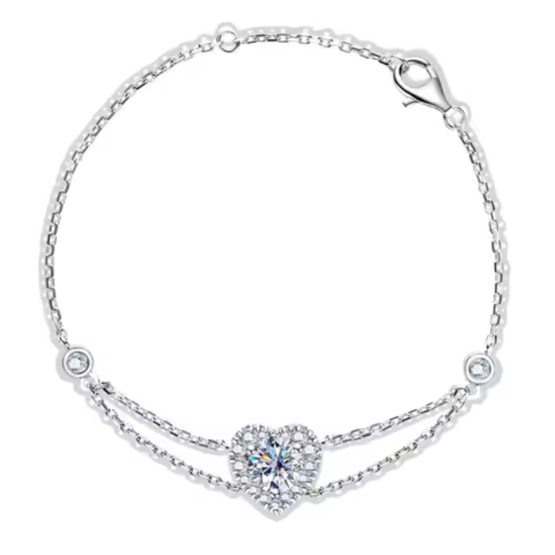 Pulseira Delicada Coração Moissanite Corrente Dupla Luar Délora