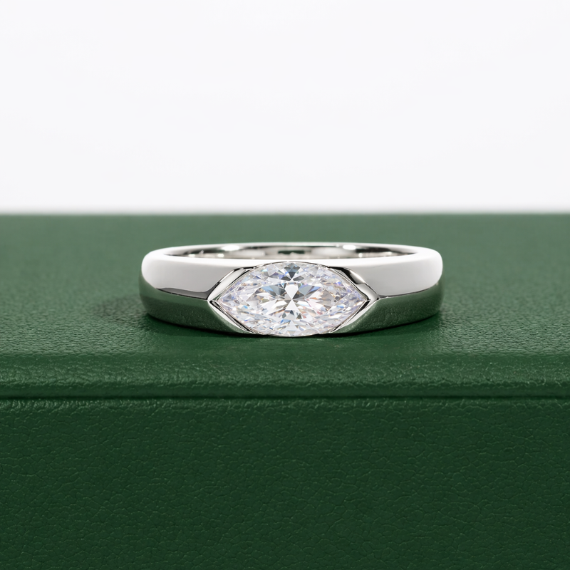 Anel Solitário Moissanite Marquise Prata 925 Banho Ouro Branco 18K Luar Veneza