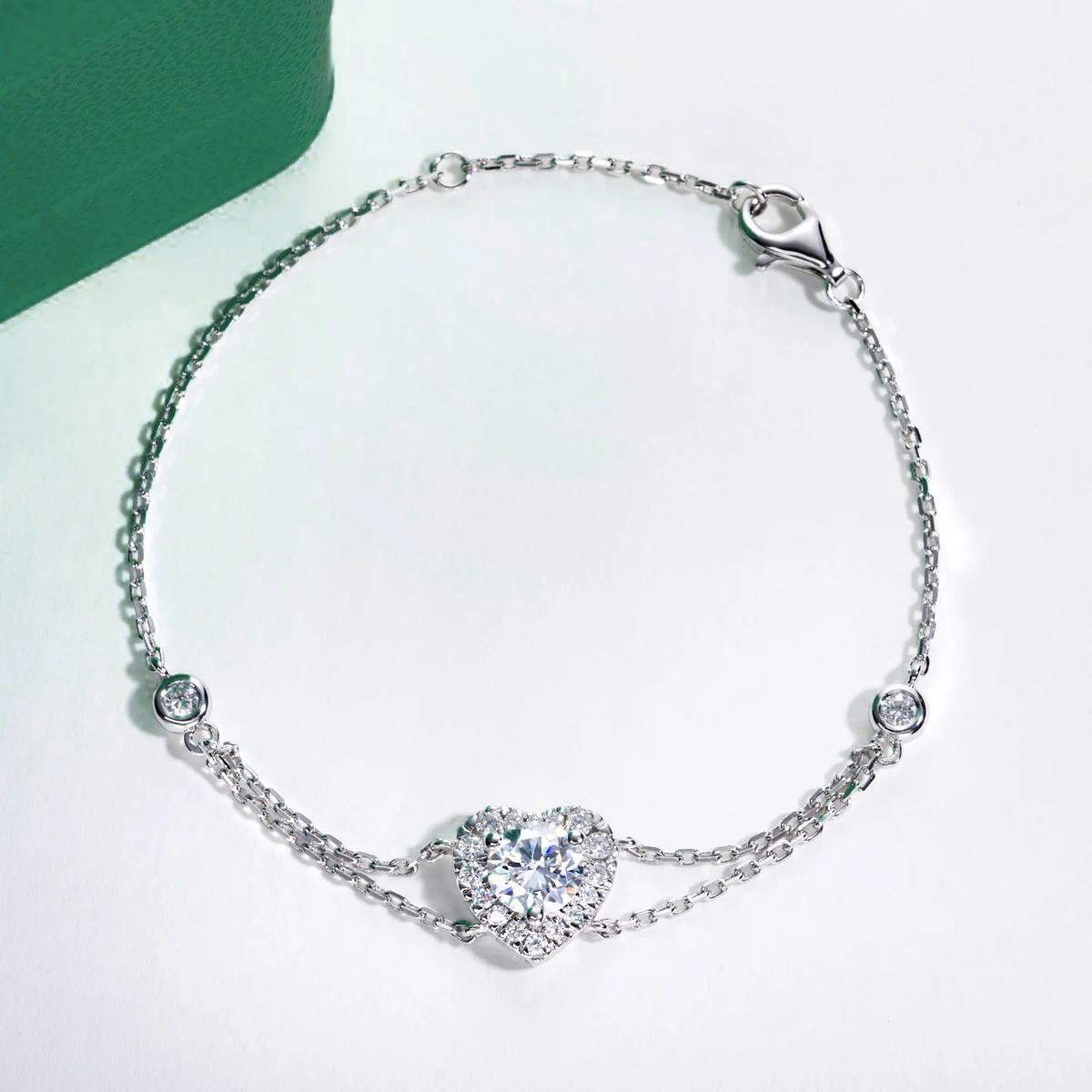 Pulseira Delicada Coração Moissanite Corrente Dupla Luar Délora