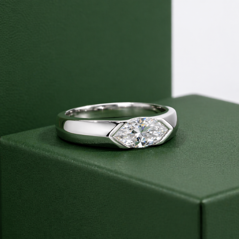 Anel Solitário Moissanite Marquise Prata 925 Banho Ouro Branco 18K Luar Veneza
