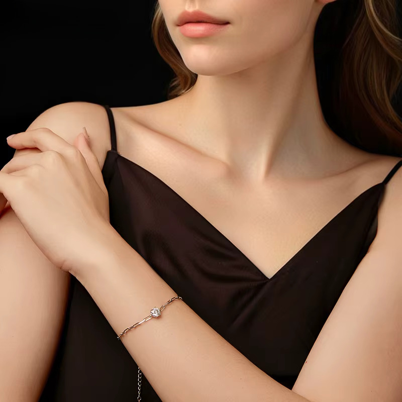 Pulseira Moissanite Ponto de Luz em Prata 925 Banho em Ouro Branco 18K Luar Eleonora