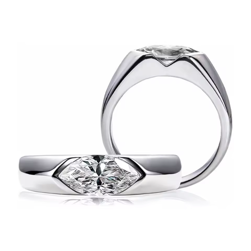 Anel Solitário Moissanite Marquise Prata 925 Banho Ouro Branco 18K Luar Veneza
