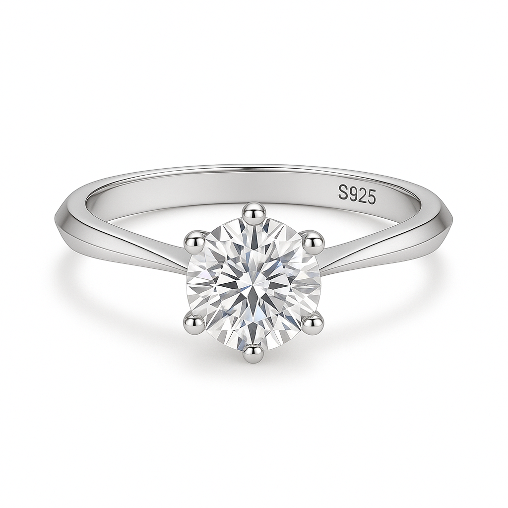 Anel Solitário Moissanite em Prata 925 com Banho de Ouro Branco 18k Luar Aurora Eterna