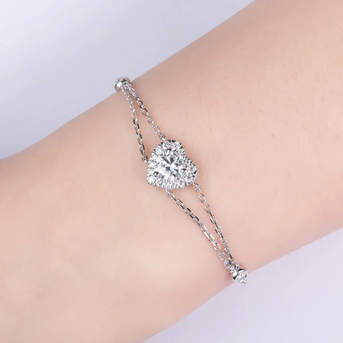 Pulseira Delicada Coração Moissanite Corrente Dupla Luar Délora